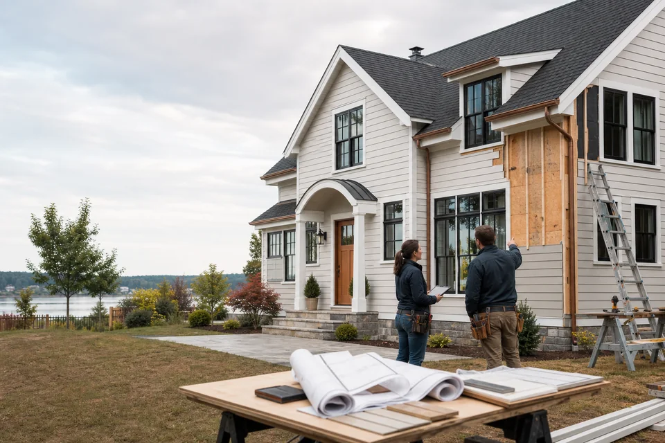 A renovation team reviews plans beside a home with exterior work underway.